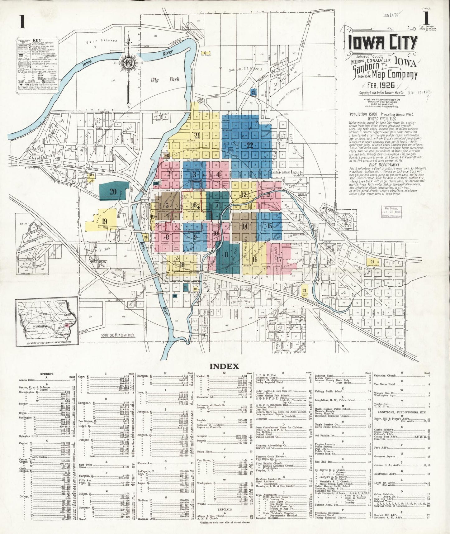 Sanborn Fire Insurance Map from Iowa City, Johnson County, Iowa (1926), Sheet #0001 - Historic Sanborn Fire Insurance Map Print, vintage old map wall art