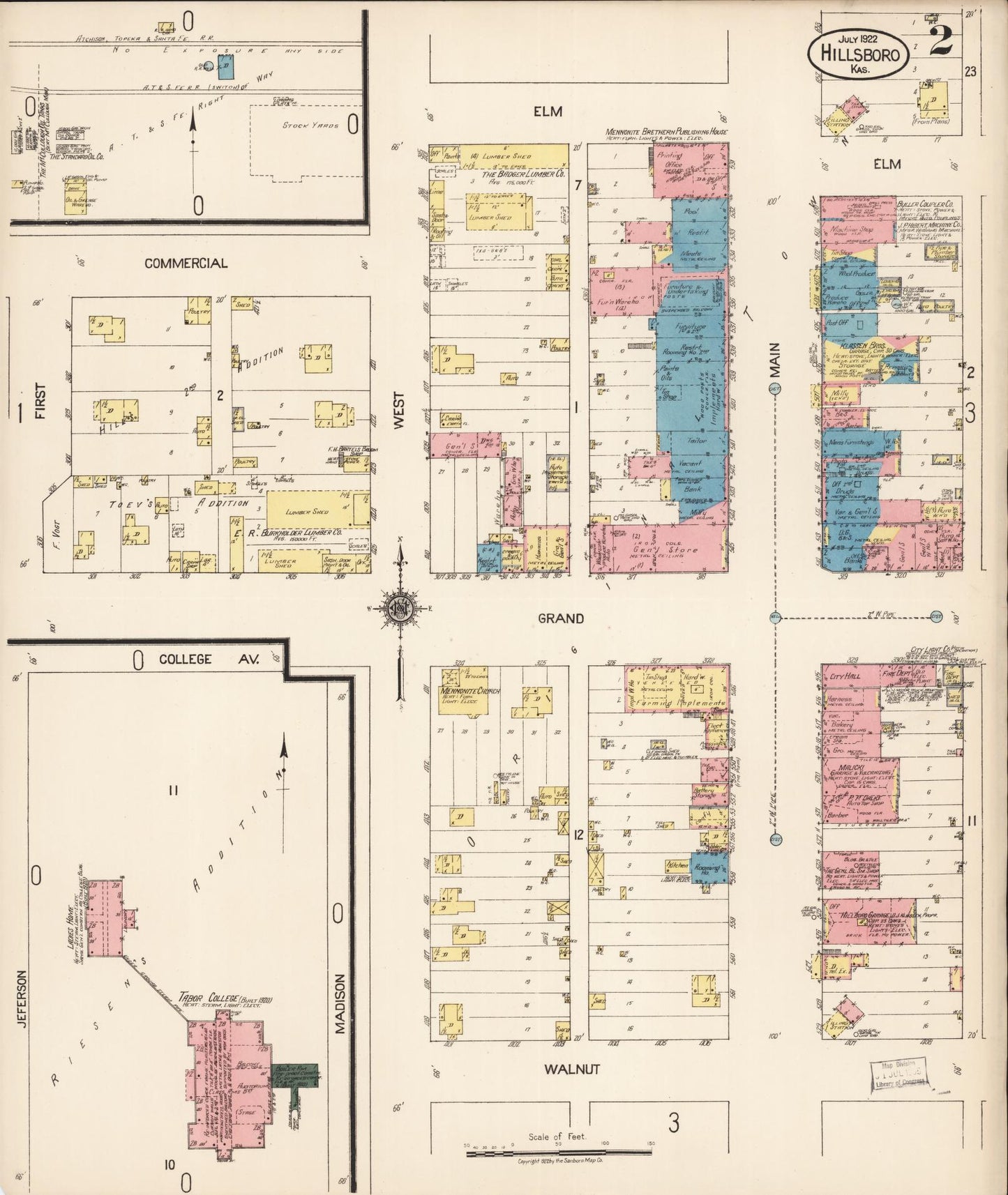 Sanborn Fire Insurance Map from Hillsboro, Marion County, Kansas (1922), Sheet #0002 - Historic Sanborn Fire Insurance Map Print, vintage old map wall art, antique decor, genealogy gift, Kansas Kansas map