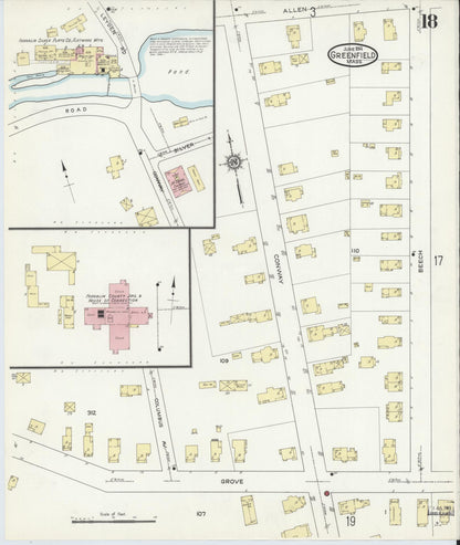 Sanborn Fire Insurance Map from Greenfield, Franklin County, Massachusetts (1914), Sheet #0018 - Historic Sanborn Fire Insurance Map Print, vintage old map wall art, antique decor, genealogy gift, Massachusetts Massachusetts map