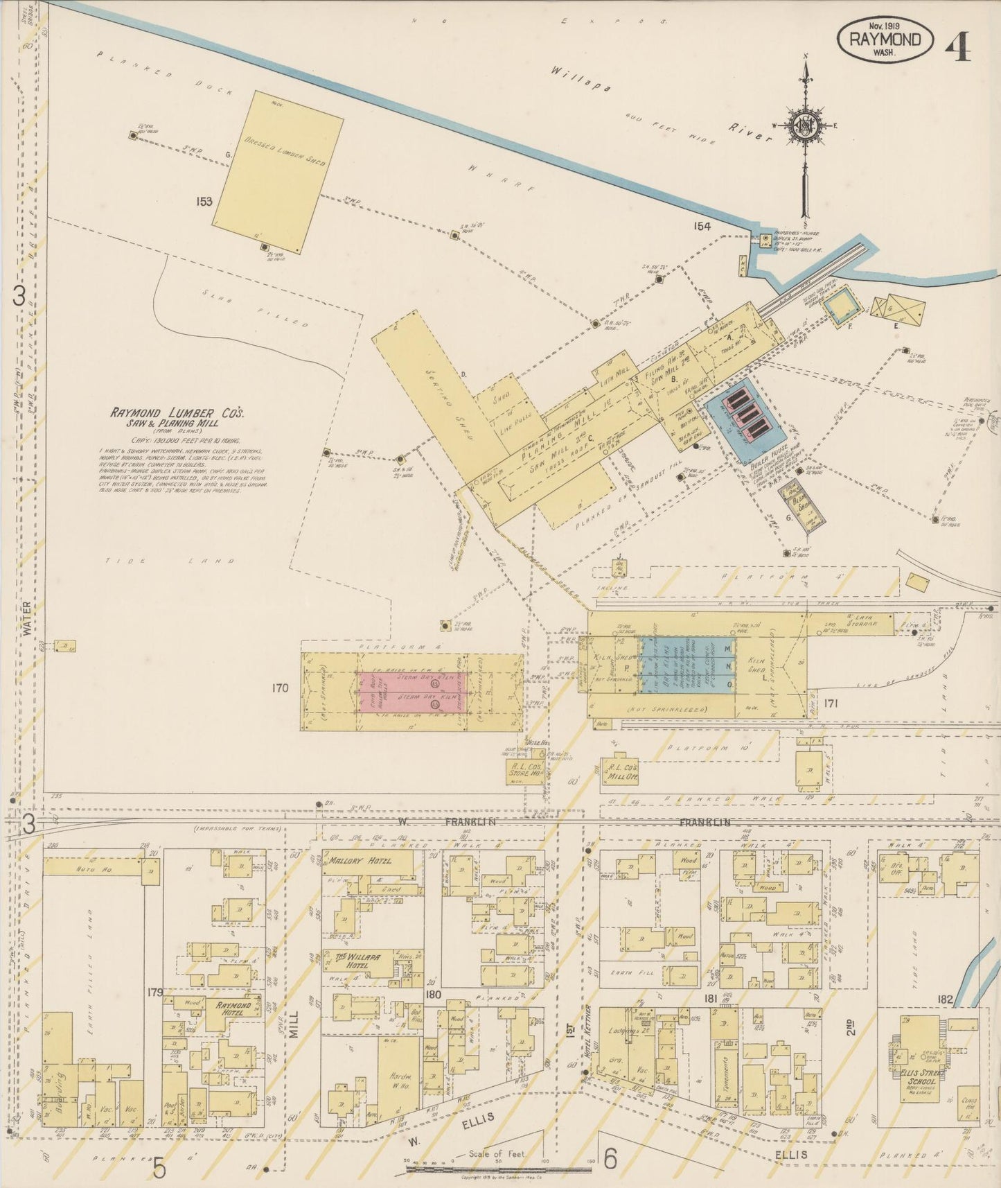 Sanborn Fire Insurance Map from Raymond, Pacific County, Washington (1919), Sheet #0004 - Historic Sanborn Fire Insurance Map Print, vintage old map wall art, antique decor, genealogy gift, Washington Washington map