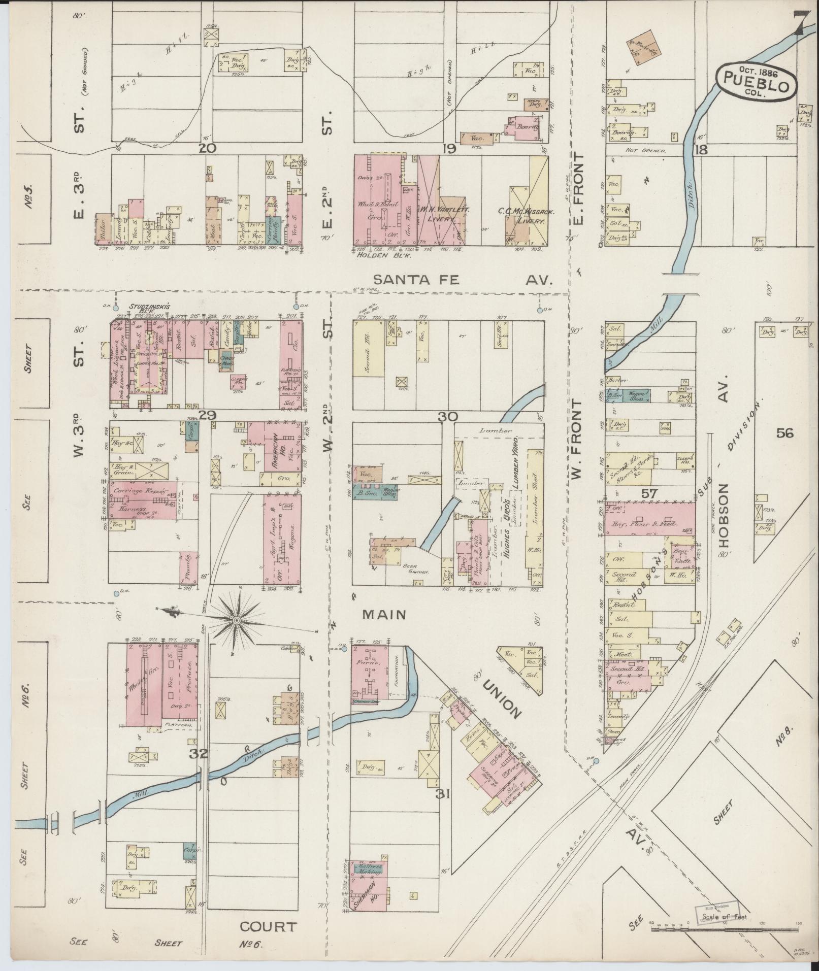Sanborn Fire Insurance Map from Pueblo, Pueblo County, Colorado (1886), Sheet #0007 - Complete Map Set gallery image, historic Sanborn map, vintage wall art, Colorado Colorado