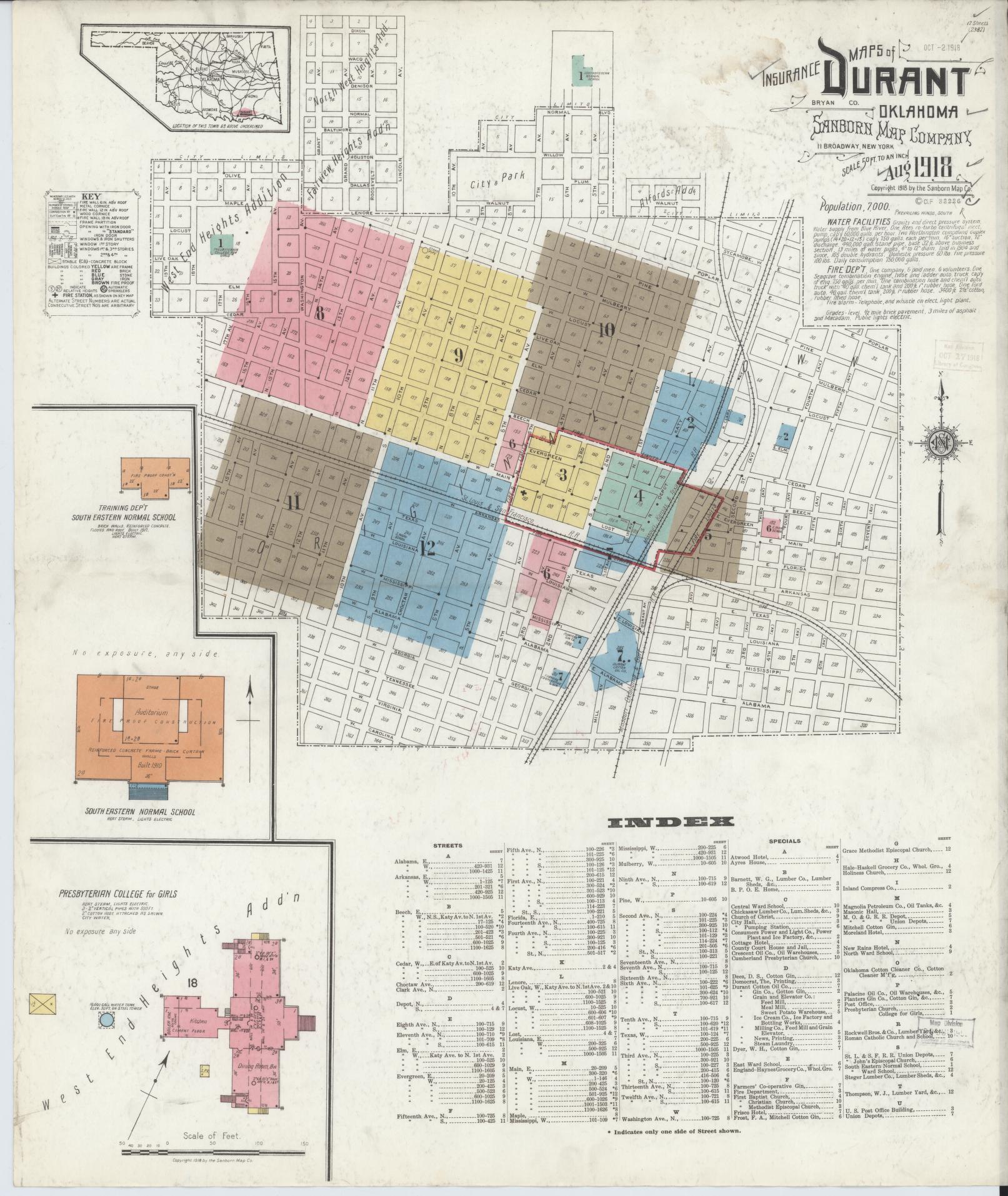 Sanborn Fire Insurance Map from Durant, Bryan County, Oklahoma (1918), Sheet #0001 - Complete Map Set gallery image, historic Sanborn map, vintage wall art, Oklahoma Oklahoma