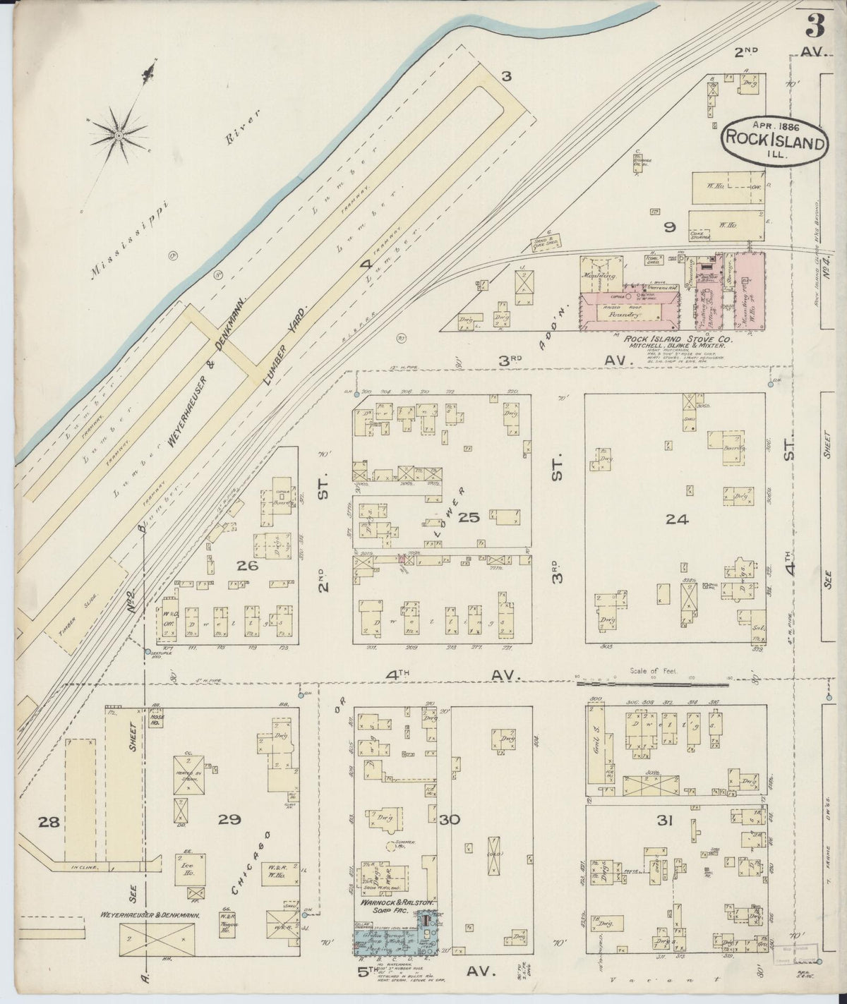 Sanborn Fire Insurance Map from Rock Island, Rock Island County, Illinois (1886), Sheet #0003 - Complete Map Set gallery image, historic Sanborn map, vintage wall art, Illinois Illinois