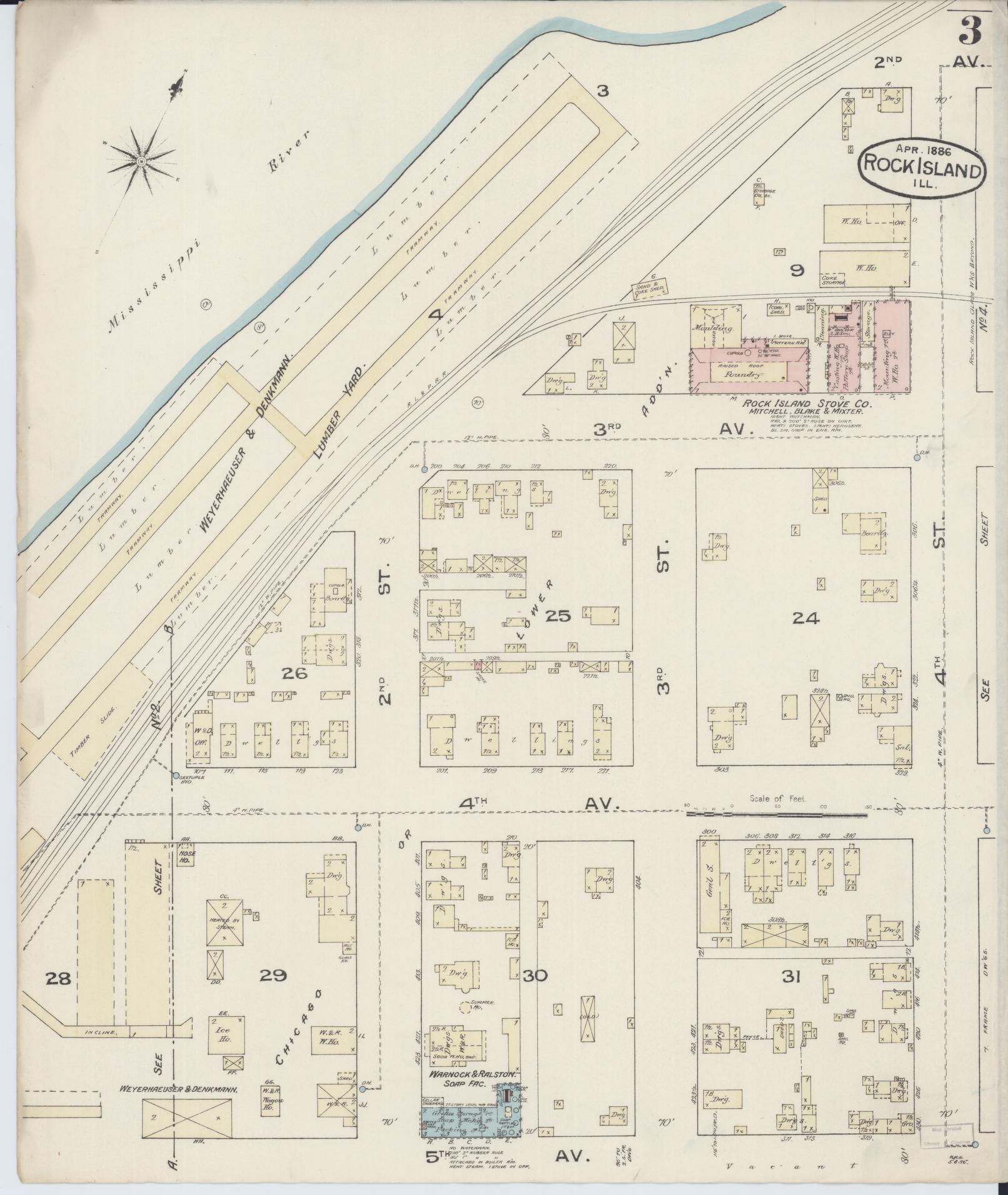 Sanborn Fire Insurance Map from Rock Island, Rock Island County, Illinois (1886), Sheet #0003 - Complete Map Set gallery image, historic Sanborn map, vintage wall art, Illinois Illinois
