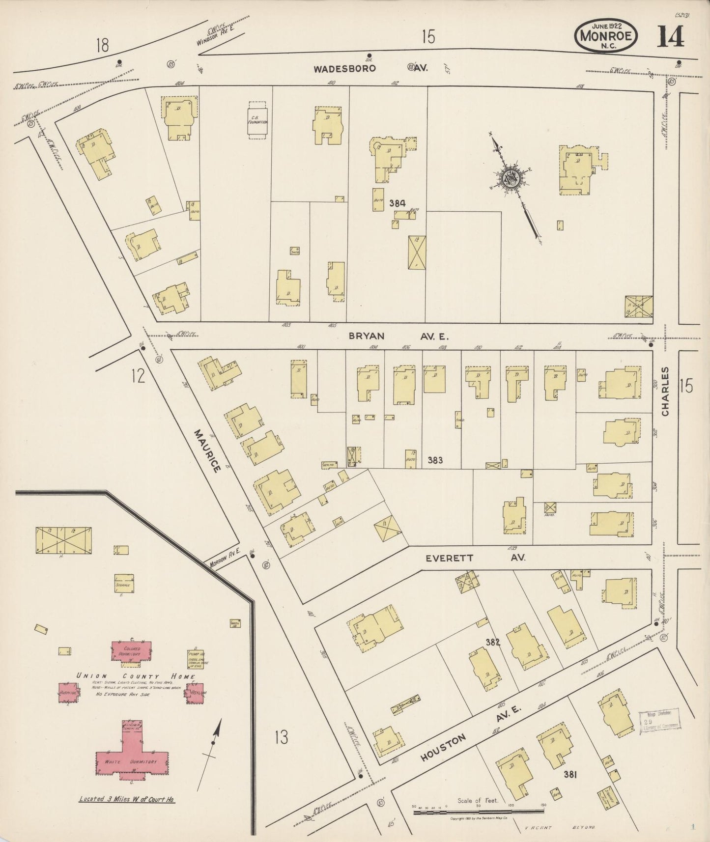 Sanborn Fire Insurance Map from Monroe, Union County, North Carolina (1922), Sheet #0014 - Complete Map Set gallery image, historic Sanborn map, vintage wall art, North Carolina North Carolina