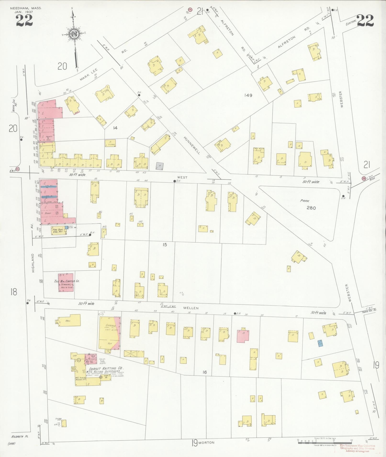 Sanborn Fire Insurance Map from Needham, Norfolk County, Massachusetts (1937), Sheet #0022 - Complete Map Set gallery image, historic Sanborn map, vintage wall art, Massachusetts Massachusetts