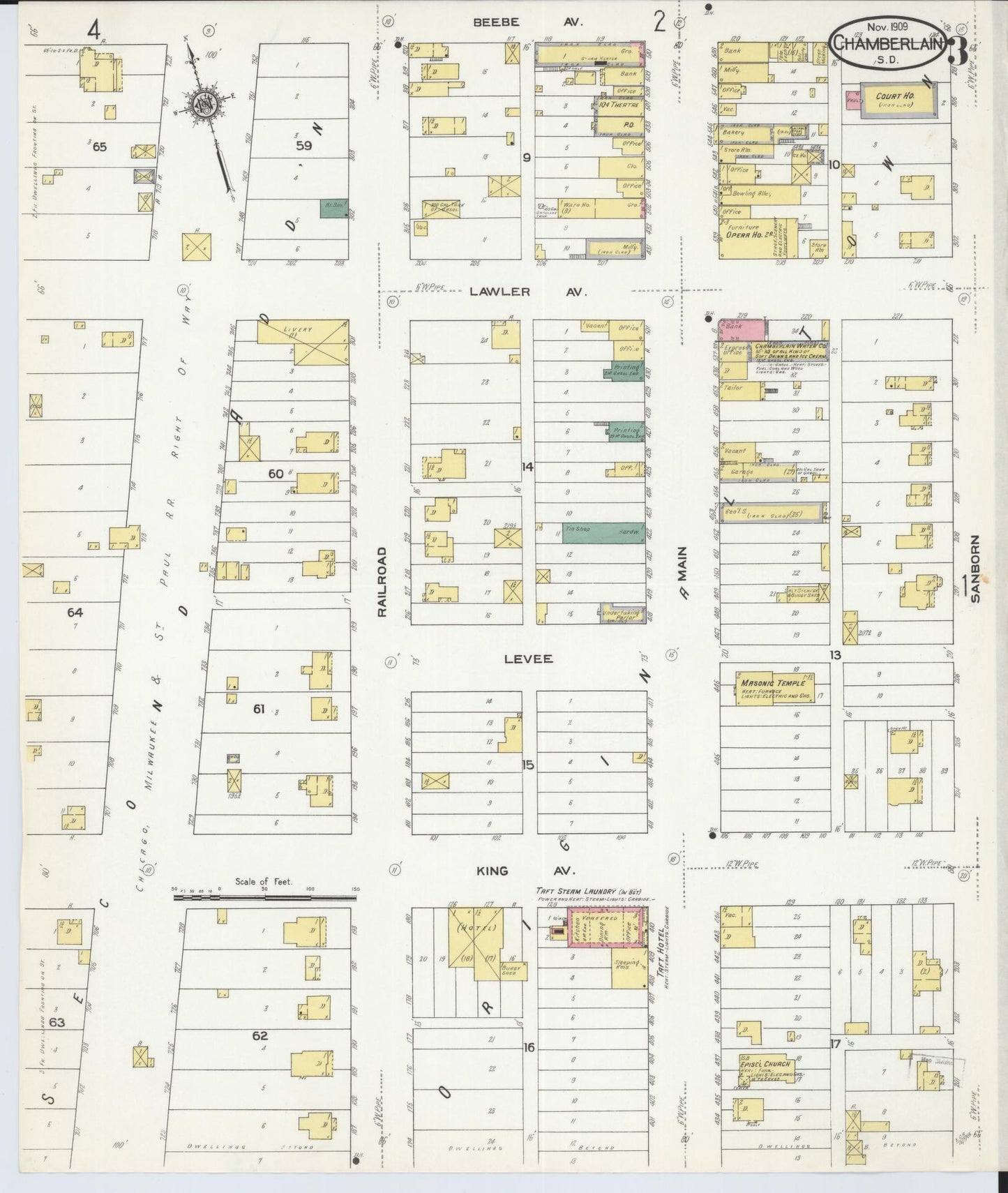 Sanborn Fire Insurance Map from Chamberlain, Brule County, South Dakota (1909), Sheet #0003 - Complete Map Set gallery image, historic Sanborn map, vintage wall art, South Dakota South Dakota