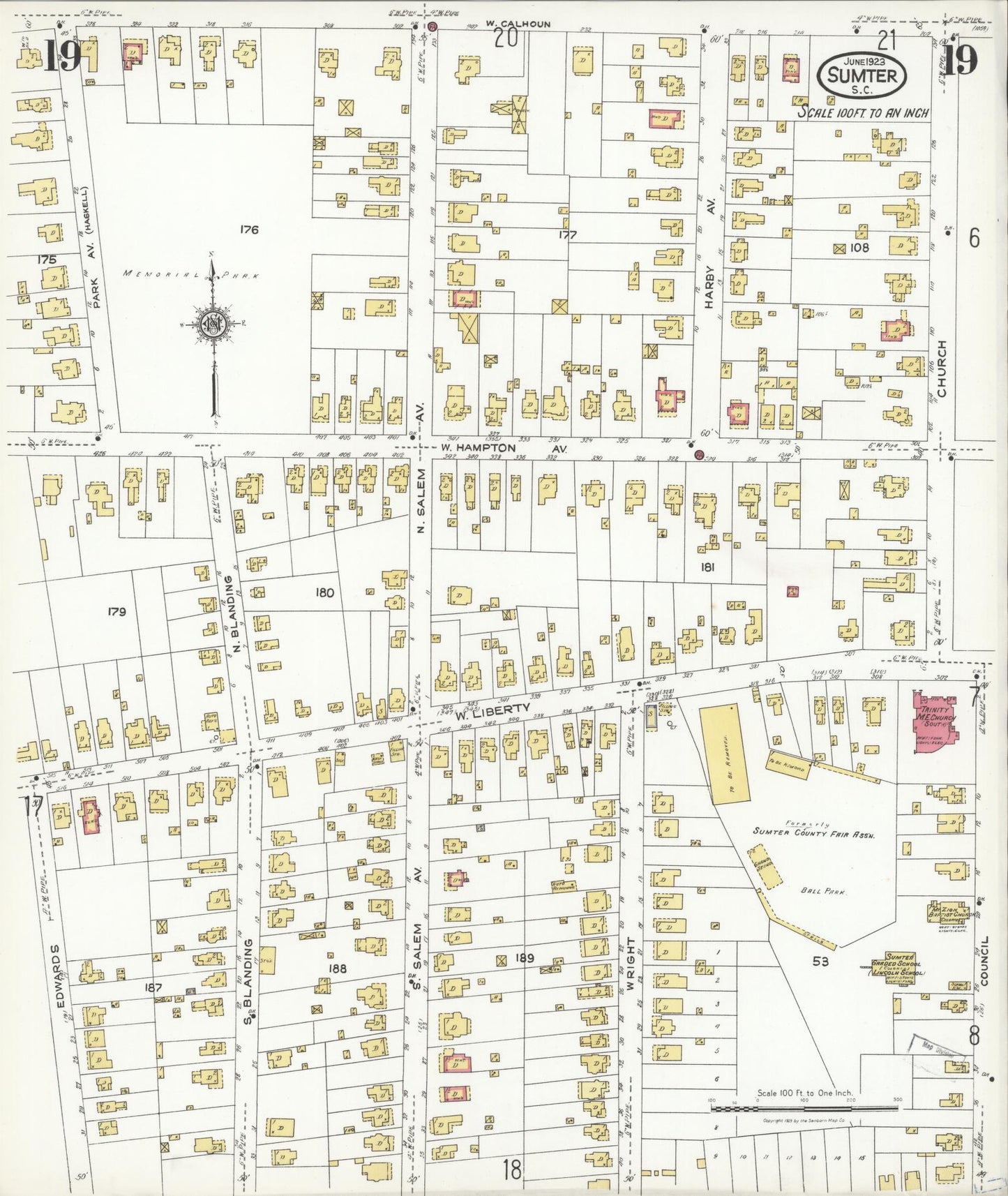 Sanborn Fire Insurance Map from Sumter, Sumter County, South Carolina (1923), Sheet #0019 - Historic Sanborn Fire Insurance Map Print, vintage old map wall art, antique decor, genealogy gift, South Carolina South Carolina map