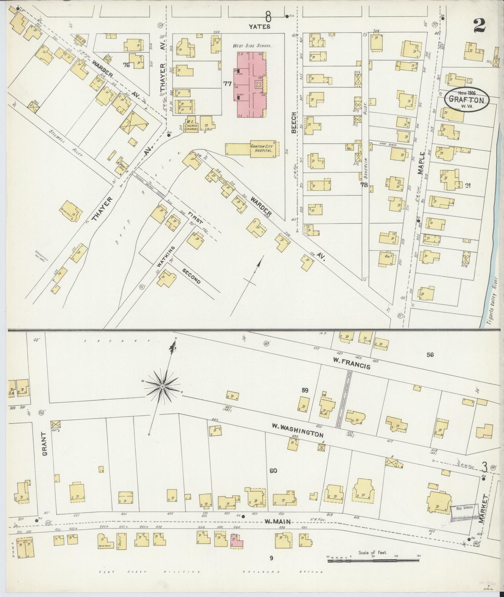 Sanborn Fire Insurance Map from Grafton, Taylor County, West Virginia (1906), Sheet #0002 - Complete Map Set gallery image, historic Sanborn map, vintage wall art, West Virginia West Virginia