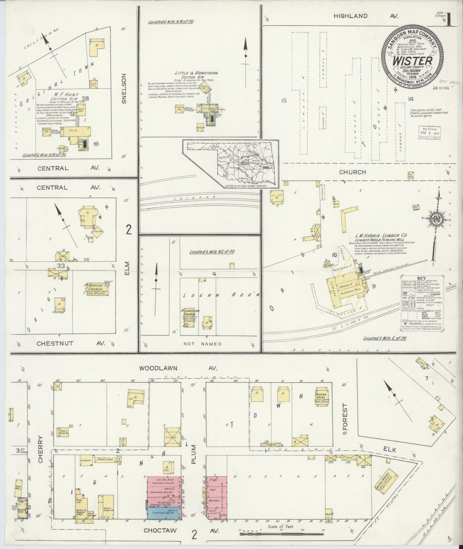 Sanborn Fire Insurance Map from Wister, Le Flore County, Oklahoma (1913), Sheet #0001 - Historic Sanborn Fire Insurance Map Print, vintage old map wall art, antique decor, genealogy gift, Oklahoma Oklahoma map