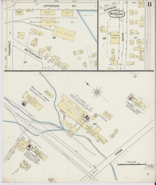 Sanborn Fire Insurance Map from Woburn, Middlesex County, Massachusetts (1888), Sheet #0008 - Historic Sanborn Fire Insurance Map Print, vintage old map wall art, antique decor, genealogy gift, Massachusetts Massachusetts map