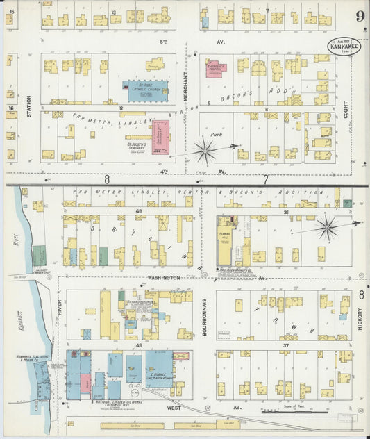 Sanborn Fire Insurance Map from Kankakee, Kankakee County, Illinois (1901), Sheet #0009 - Historic Sanborn Fire Insurance Map Print, vintage old map wall art, antique decor, genealogy gift, Illinois Illinois map