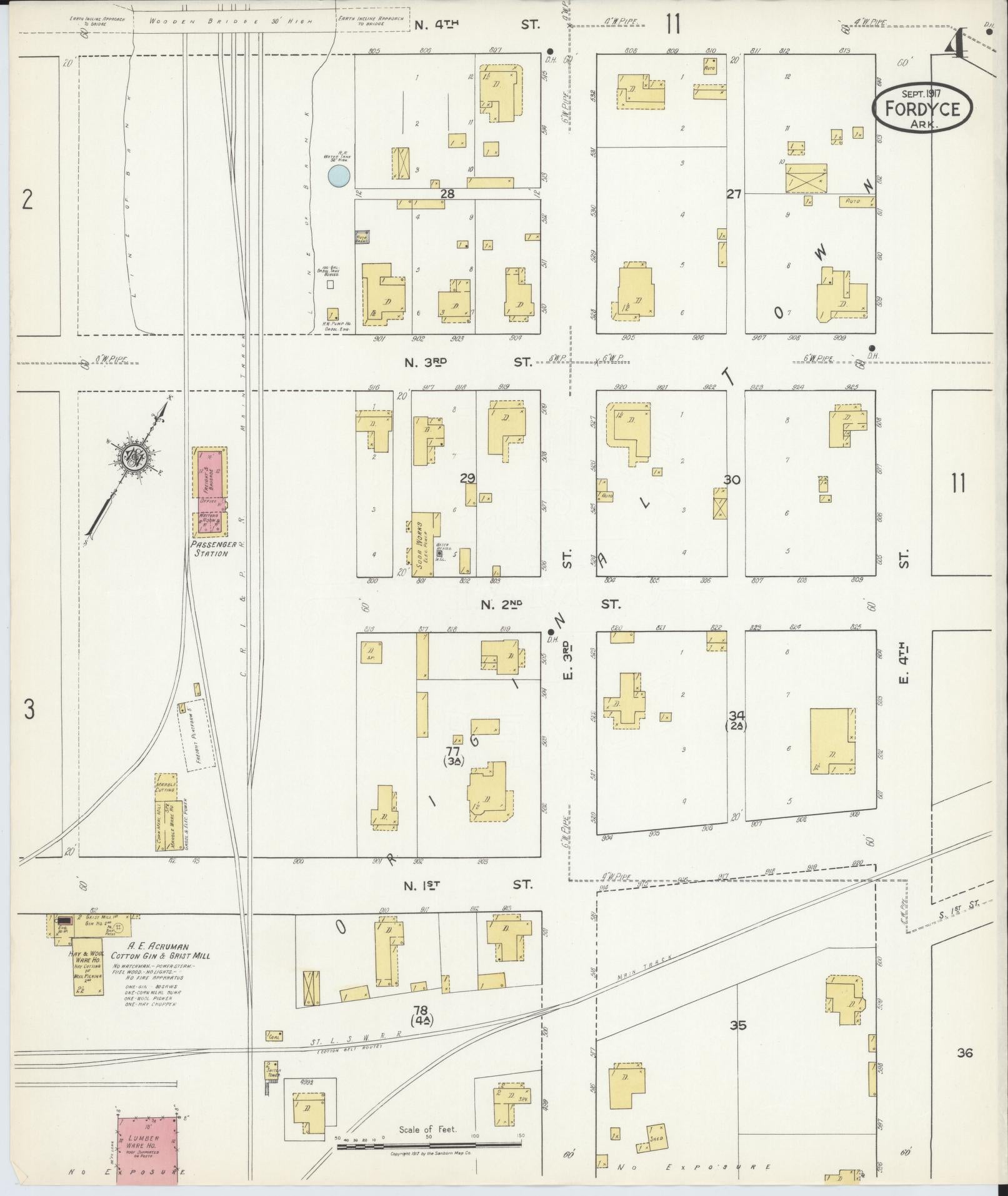 Sanborn Fire Insurance Map from Fordyce, Dallas County, Arkansas (1917), Sheet #0004 - Complete Map Set gallery image, historic Sanborn map, vintage wall art, Arkansas Arkansas