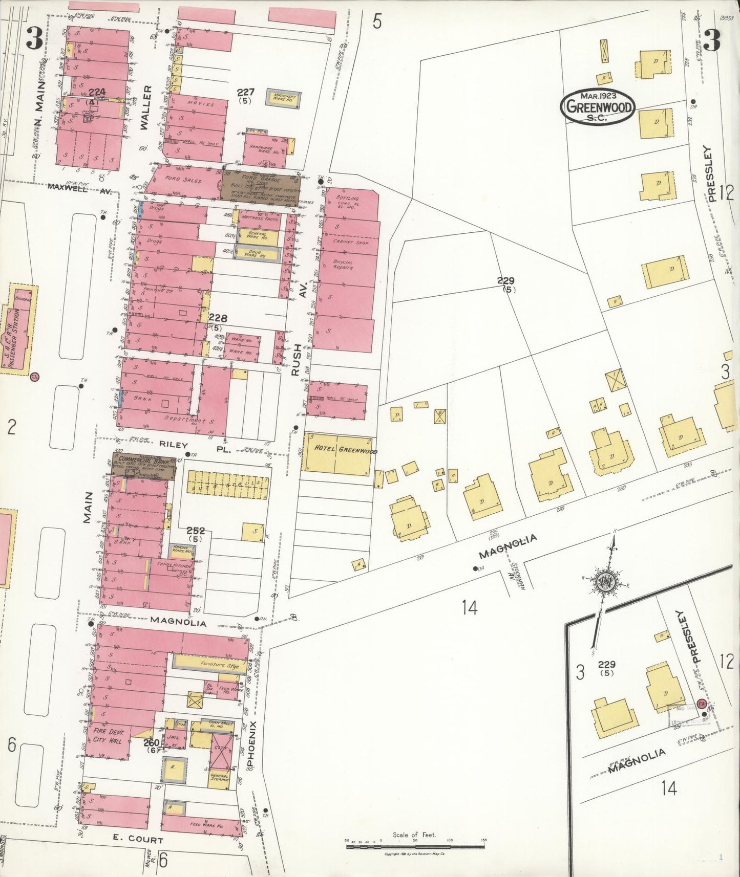 Sanborn Fire Insurance Map from Greenwood, Greenwood County, South Carolina (1923), Sheet #0003 - Complete Map Set gallery image, historic Sanborn map, vintage wall art, South Carolina South Carolina