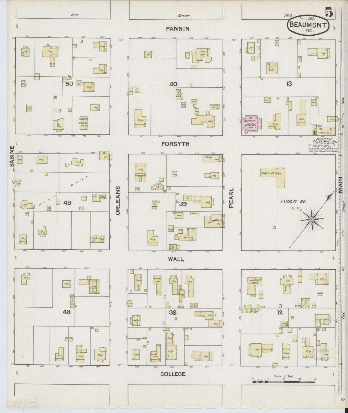 Sanborn Fire Insurance Map from Beaumont, Jefferson County, Texas (1889), Sheet #0005 - Complete Map Set gallery image, historic Sanborn map, vintage wall art, Texas Texas