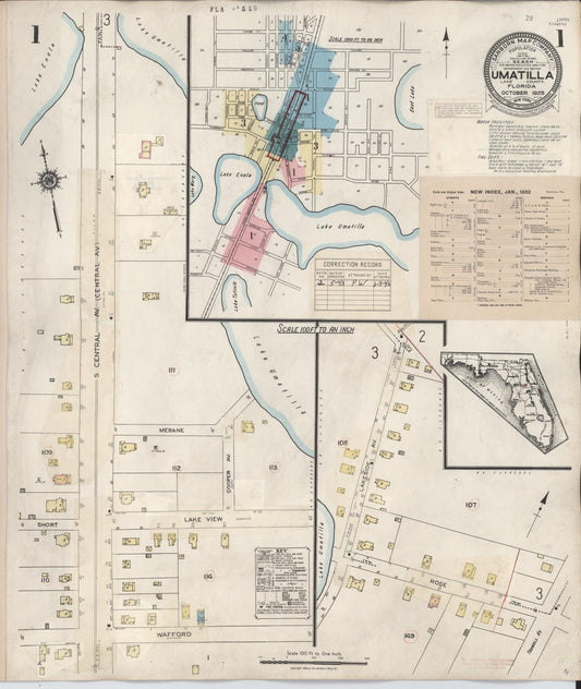 Sanborn Fire Insurance Map from Umatilla, Lake County, Florida (1943), Sheet #0001 - Historic Sanborn Fire Insurance Map Print, vintage old map wall art, antique decor, genealogy gift, Florida Florida map