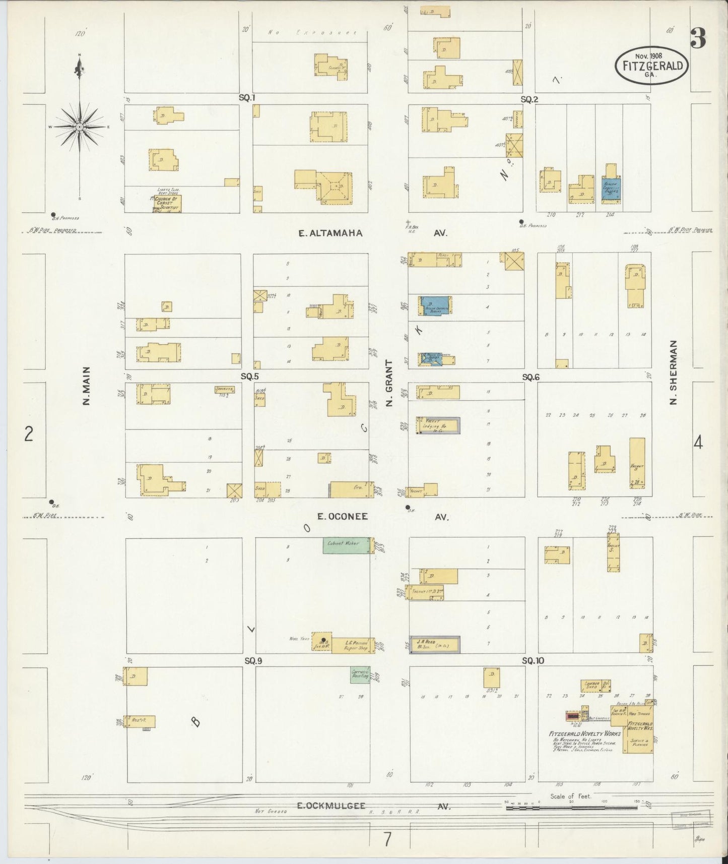 Sanborn Fire Insurance Map from Fitzgerald, Ben Hill County, Georgia (1908), Sheet #0003 - Historic Sanborn Fire Insurance Map Print, vintage old map wall art, antique decor, genealogy gift, Georgia Georgia map
