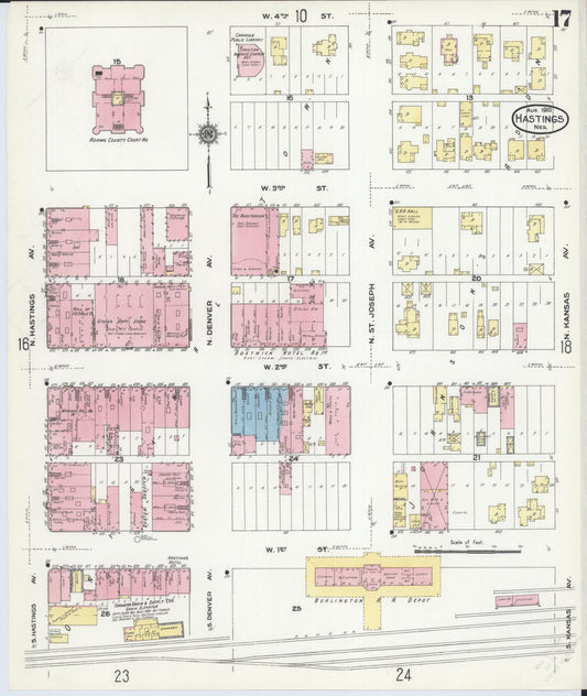 Sanborn Fire Insurance Map from Hastings, Adams County, Nebraska (1910), Sheet #0017 - Historic Sanborn Fire Insurance Map Print, vintage old map wall art, antique decor, genealogy gift, Nebraska Nebraska map