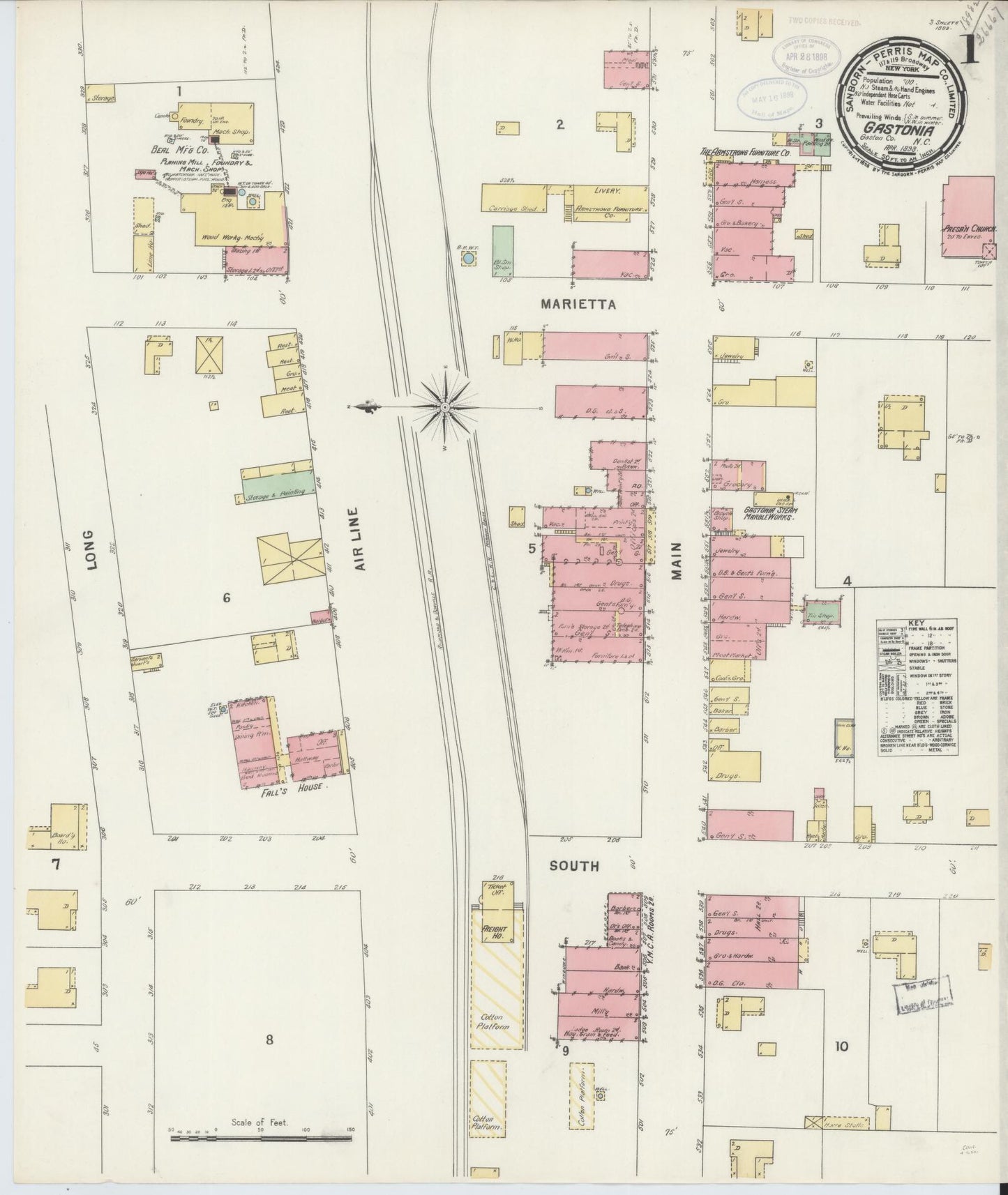Sanborn Fire Insurance Map from Gastonia, Gaston County, North Carolina (1898), Sheet #0001 - Historic Sanborn Fire Insurance Map Print, vintage old map wall art, antique decor, genealogy gift, North Carolina North Carolina map