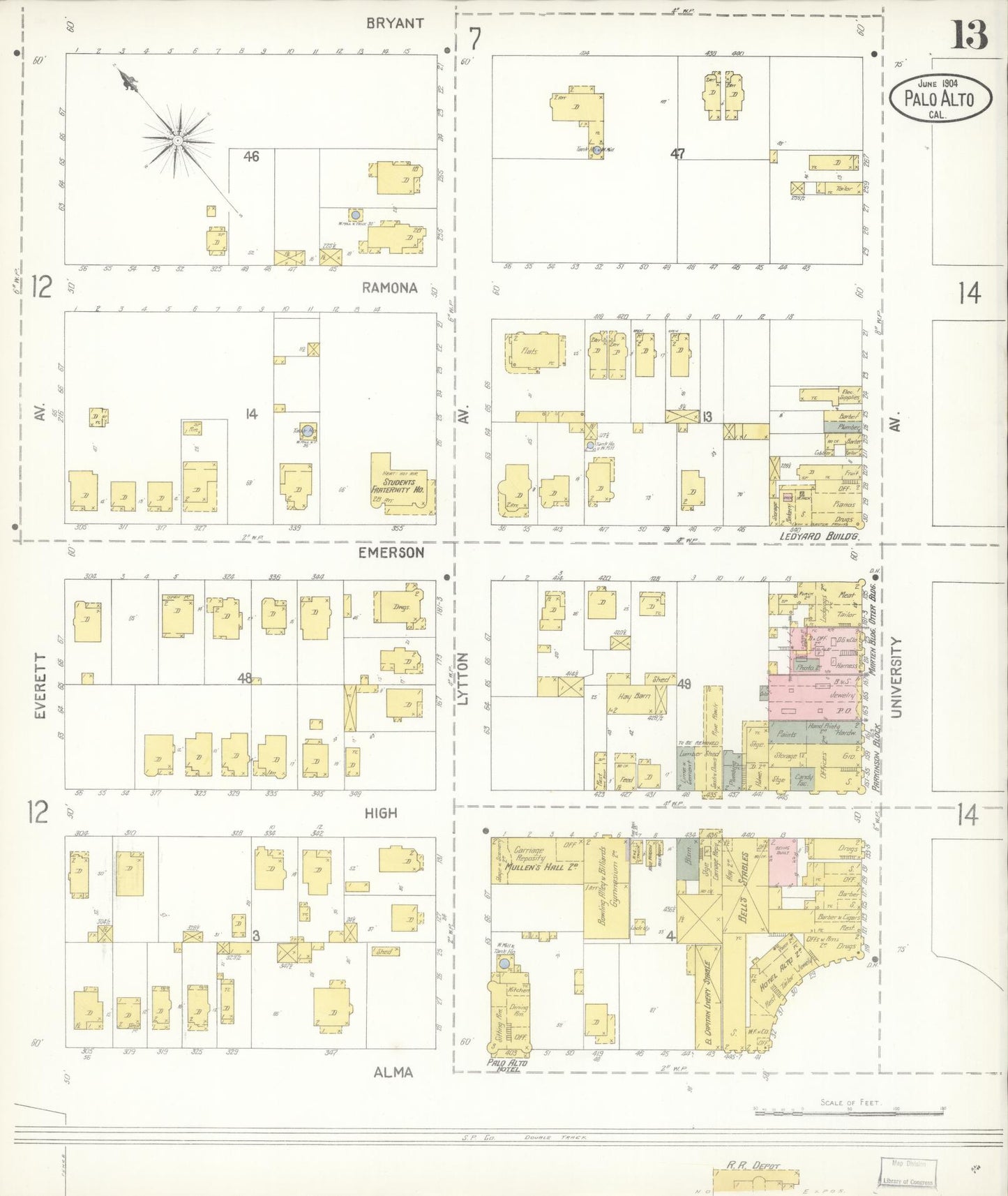 Sanborn Fire Insurance Map from Palo Alto, Santa Clara County, California (1904), Sheet #0013 - Complete Map Set gallery image, historic Sanborn map, vintage wall art, California California