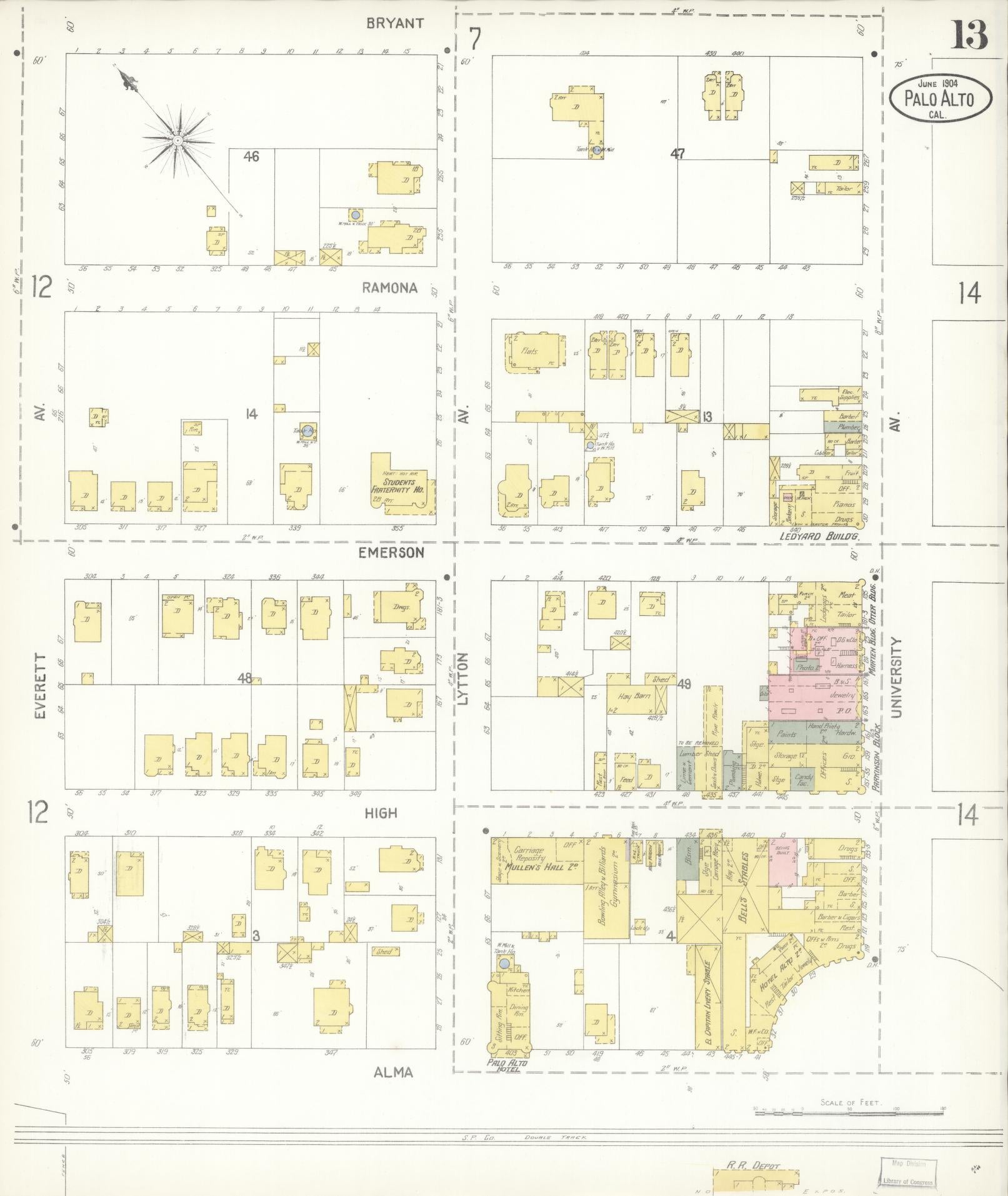 Sanborn Fire Insurance Map from Palo Alto, Santa Clara County, California (1904), Sheet #0013 - Complete Map Set gallery image, historic Sanborn map, vintage wall art, California California
