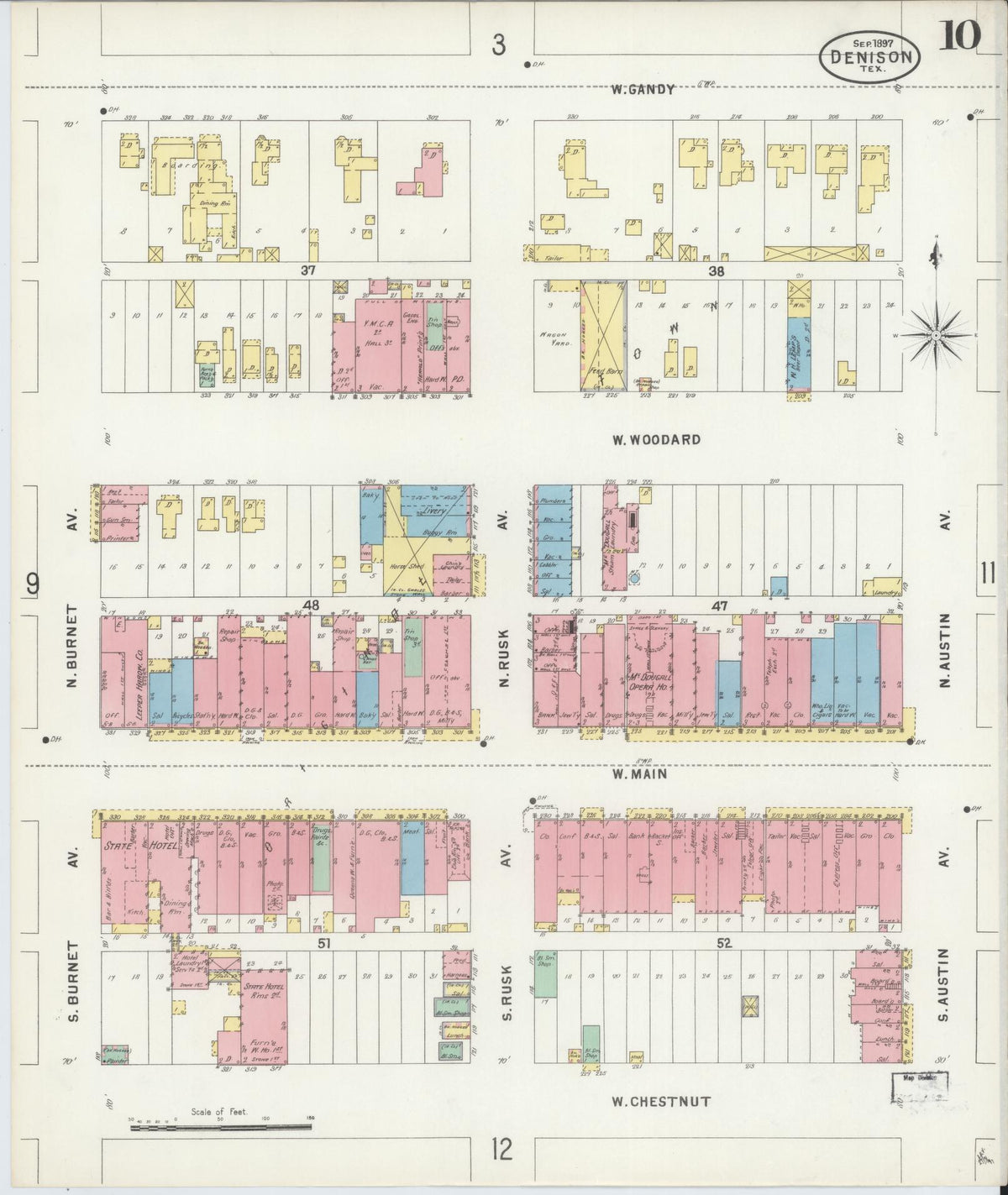 Sanborn Fire Insurance Map from Denison, Grayson County, Texas (1897), Sheet #0010 - Historic Sanborn Fire Insurance Map Print, vintage old map wall art, antique decor, genealogy gift, Texas Texas map