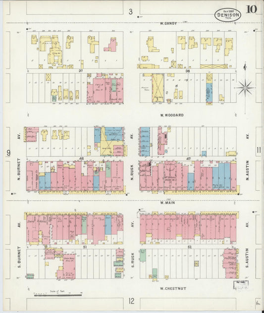 Sanborn Fire Insurance Map from Denison, Grayson County, Texas (1897), Sheet #0010 - Historic Sanborn Fire Insurance Map Print, vintage old map wall art, antique decor, genealogy gift, Texas Texas map