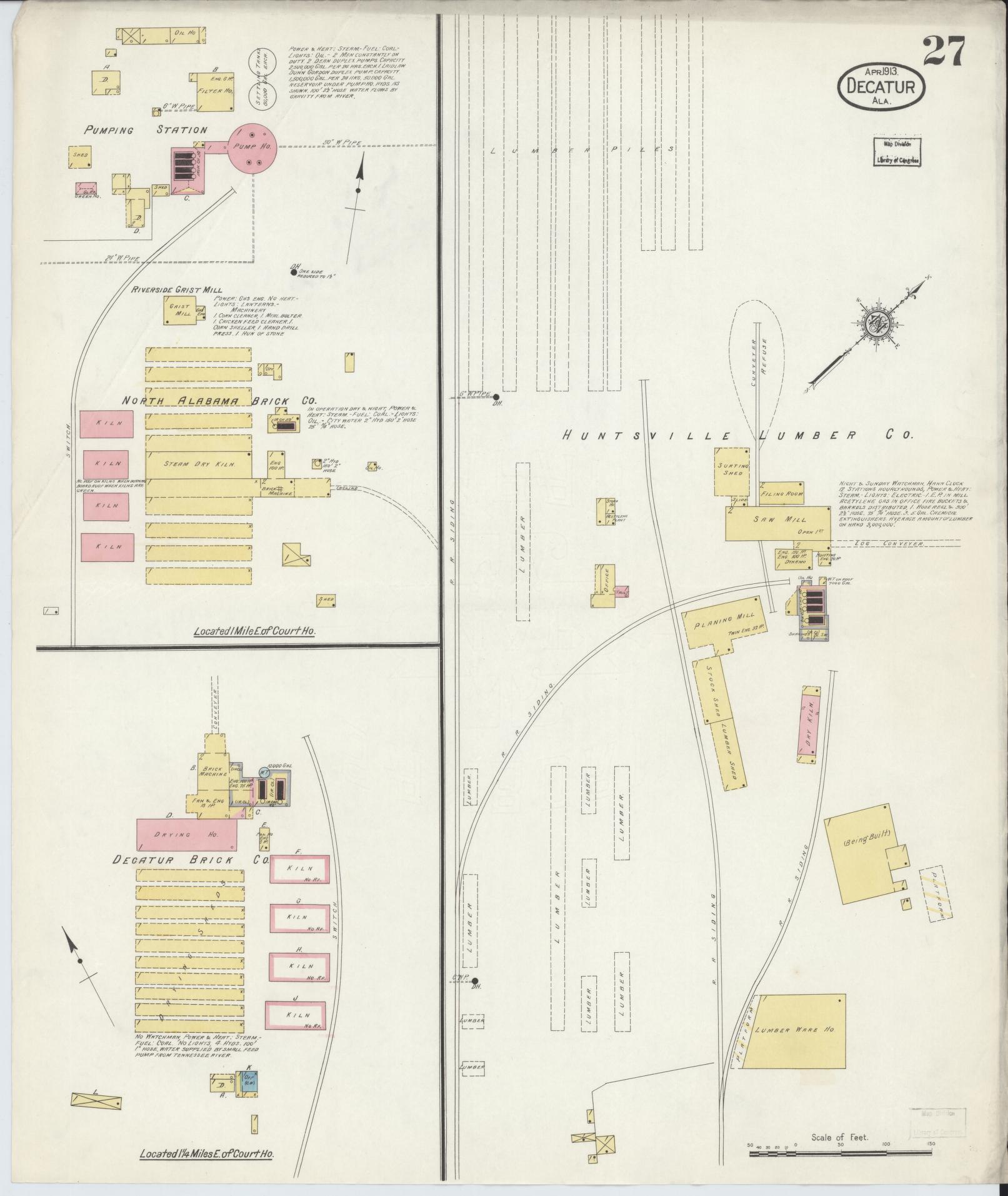 Sanborn Fire Insurance Map from Decatur, Morgan County, Alabama (1913), Sheet #0027 - Historic Sanborn Fire Insurance Map Print, vintage old map wall art, antique decor, genealogy gift, Alabama Alabama map