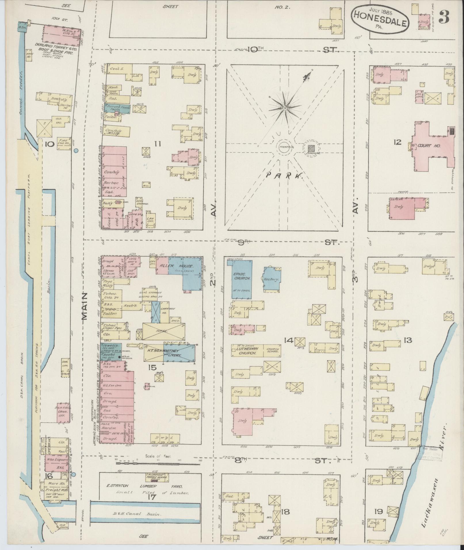 Sanborn Fire Insurance Map from Honesdale, Wayne County, Pennsylvania (1885), Sheet #0003 - Historic Sanborn Fire Insurance Map Print, vintage old map wall art, antique decor, genealogy gift, Pennsylvania Pennsylvania map