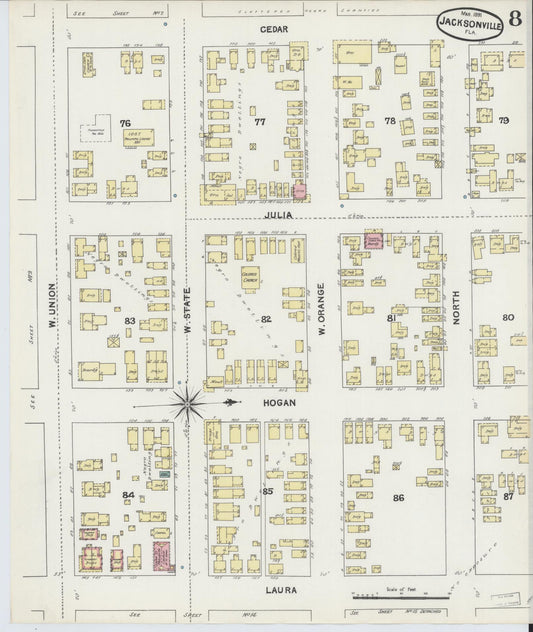 Sanborn Fire Insurance Map from Jacksonville, Duval County, Florida (1891), Sheet #0008 - Historic Sanborn Fire Insurance Map Print, vintage old map wall art, antique decor, genealogy gift, Florida Florida map
