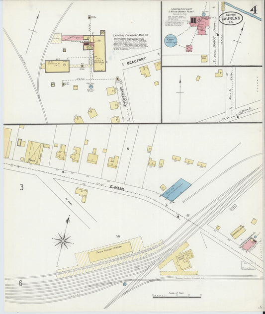 Sanborn Fire Insurance Map from Laurens, Laurens County, South Carolina (1906), Sheet #0004 - Historic Sanborn Fire Insurance Map Print, vintage old map wall art, antique decor, genealogy gift, South Carolina South Carolina map