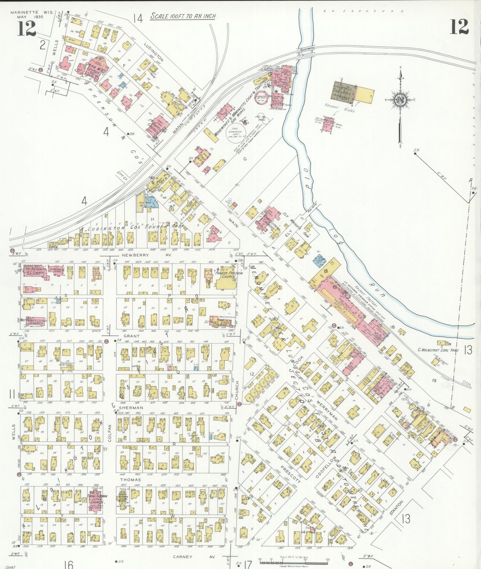 Sanborn Fire Insurance Map from Marinette, Marinette County, Wisconsin (1935), Sheet #0012 - Historic Sanborn Fire Insurance Map Print, vintage old map wall art, antique decor, genealogy gift, Wisconsin Wisconsin map
