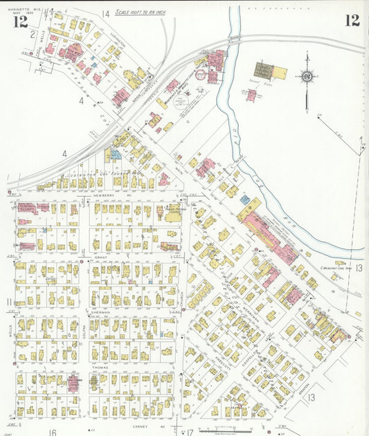 Sanborn Fire Insurance Map from Marinette, Marinette County, Wisconsin (1935), Sheet #0012 - Historic Sanborn Fire Insurance Map Print, vintage old map wall art, antique decor, genealogy gift, Wisconsin Wisconsin map