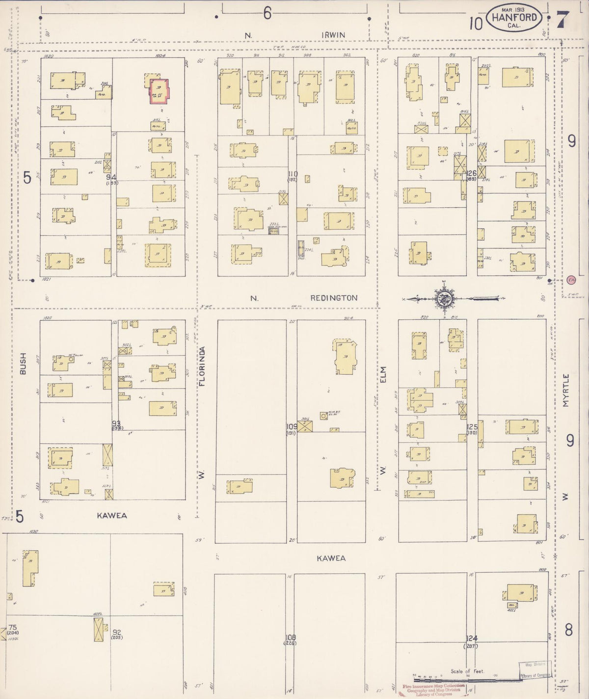 Sanborn Fire Insurance Map from Hanford, Kings County, California (1913), Sheet #0007 - Complete Map Set gallery image, historic Sanborn map, vintage wall art, California California