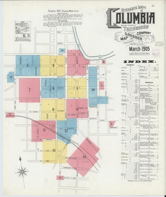Sanborn Fire Insurance Map from Columbia, Maury County, Tennessee (1905), Sheet #0001 - Complete Map Set gallery image, historic Sanborn map, vintage wall art, Tennessee Tennessee
