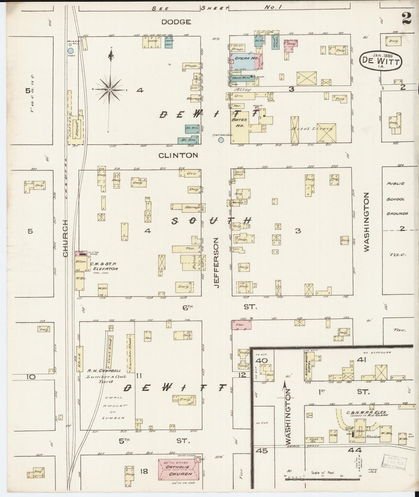 Sanborn Fire Insurance Map from De Witt, Clinton County, Iowa (1886), Sheet #0002 - Historic Sanborn Fire Insurance Map Print, vintage old map wall art