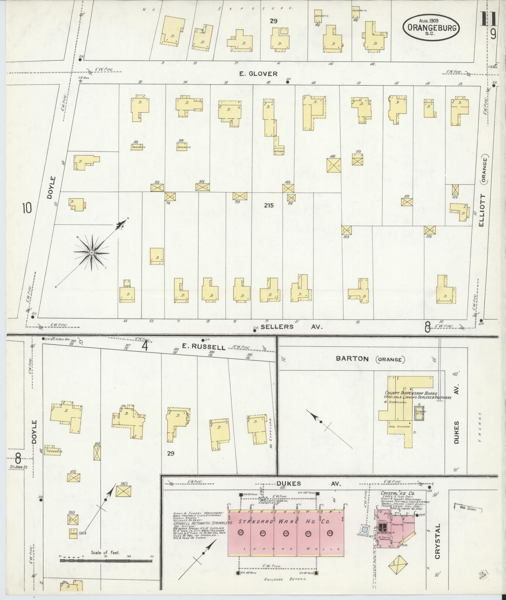 Sanborn Fire Insurance Map from Orangeburg, Orangeburg County, South Carolina (1909), Sheet #0011 - Historic Sanborn Fire Insurance Map Print, vintage old map wall art, antique decor, genealogy gift, South Carolina South Carolina map