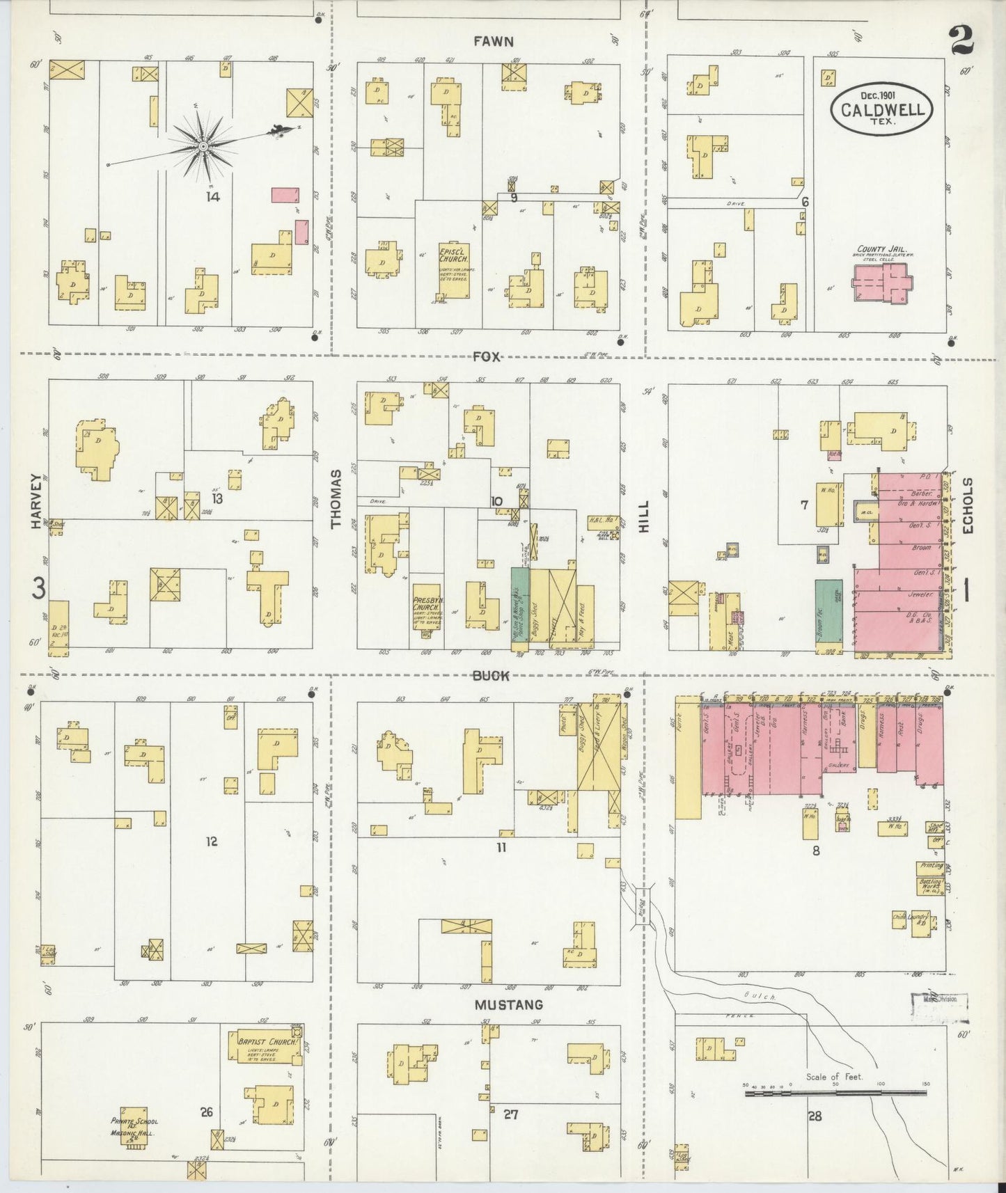 Sanborn Fire Insurance Map from Caldwell, Burleson County, Texas (1901), Sheet #0002 - Historic Sanborn Fire Insurance Map Print, vintage old map wall art, antique decor, genealogy gift, Texas Texas map