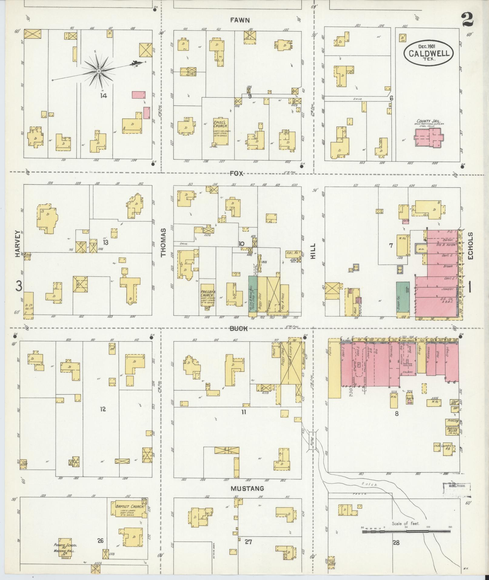 Sanborn Fire Insurance Map from Caldwell, Burleson County, Texas (1901), Sheet #0002 - Historic Sanborn Fire Insurance Map Print, vintage old map wall art, antique decor, genealogy gift, Texas Texas map