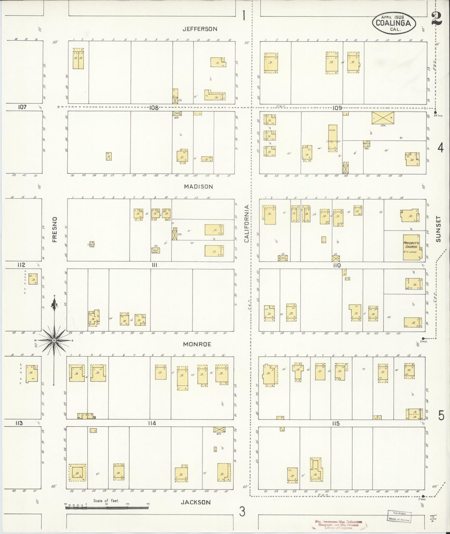 Sanborn Fire Insurance Map from Coalinga, Fresno County, California (1909), Sheet #0002 - Complete Map Set gallery image, historic Sanborn map, vintage wall art, California California