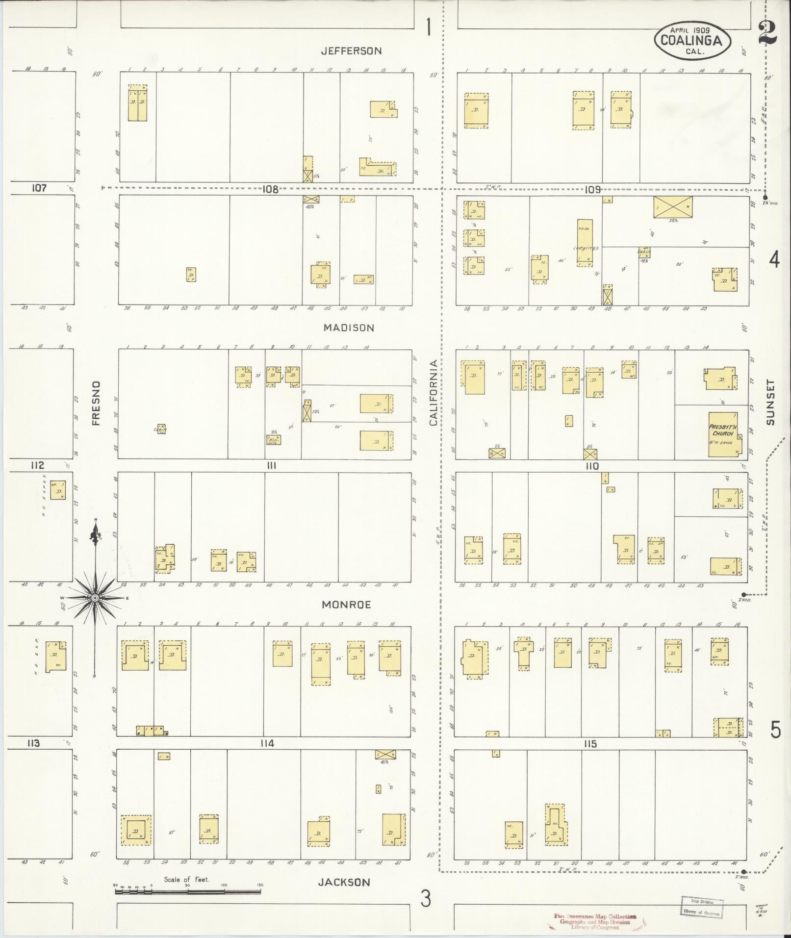 Sanborn Fire Insurance Map from Coalinga, Fresno County, California (1909), Sheet #0002 - Complete Map Set gallery image, historic Sanborn map, vintage wall art, California California
