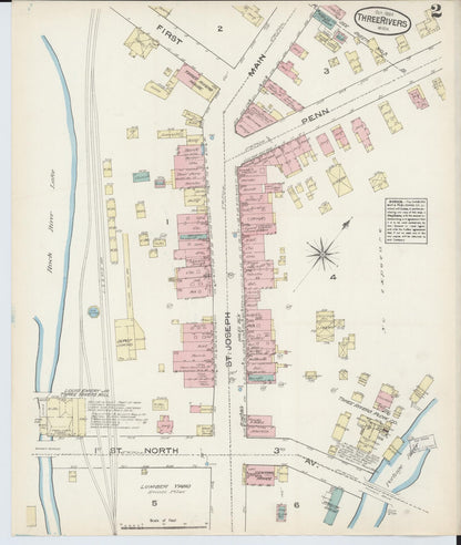 Sanborn Fire Insurance Map from Three Rivers, Saint Joseph County, Michigan (1884), Sheet #0002 - Historic Sanborn Fire Insurance Map Print, vintage old map wall art, antique decor, genealogy gift, Michigan Michigan map