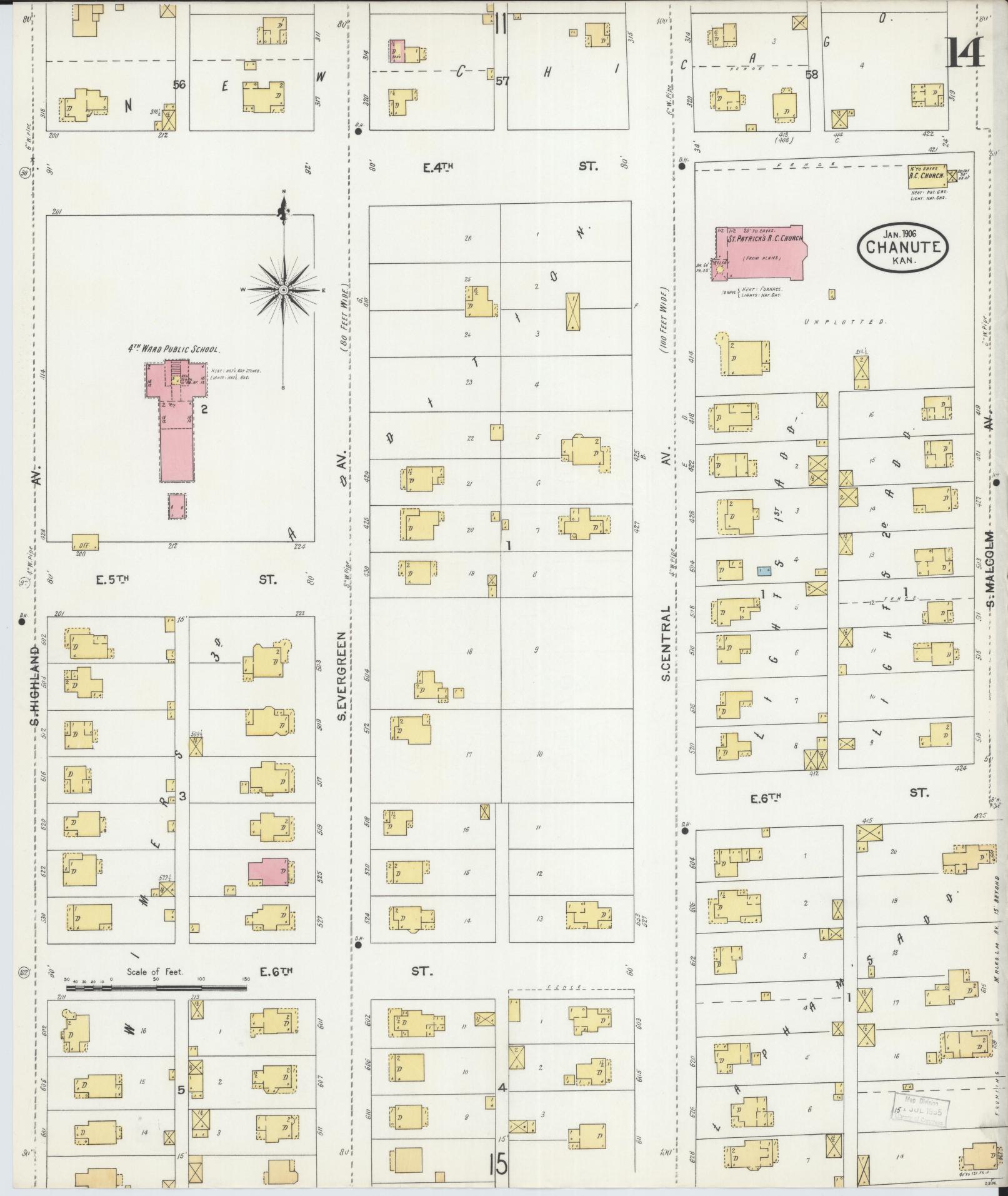 Sanborn Fire Insurance Map from Chanute, Neosho County, Kansas (1906), Sheet #0014 - Complete Map Set gallery image, historic Sanborn map, vintage wall art, Kansas Kansas