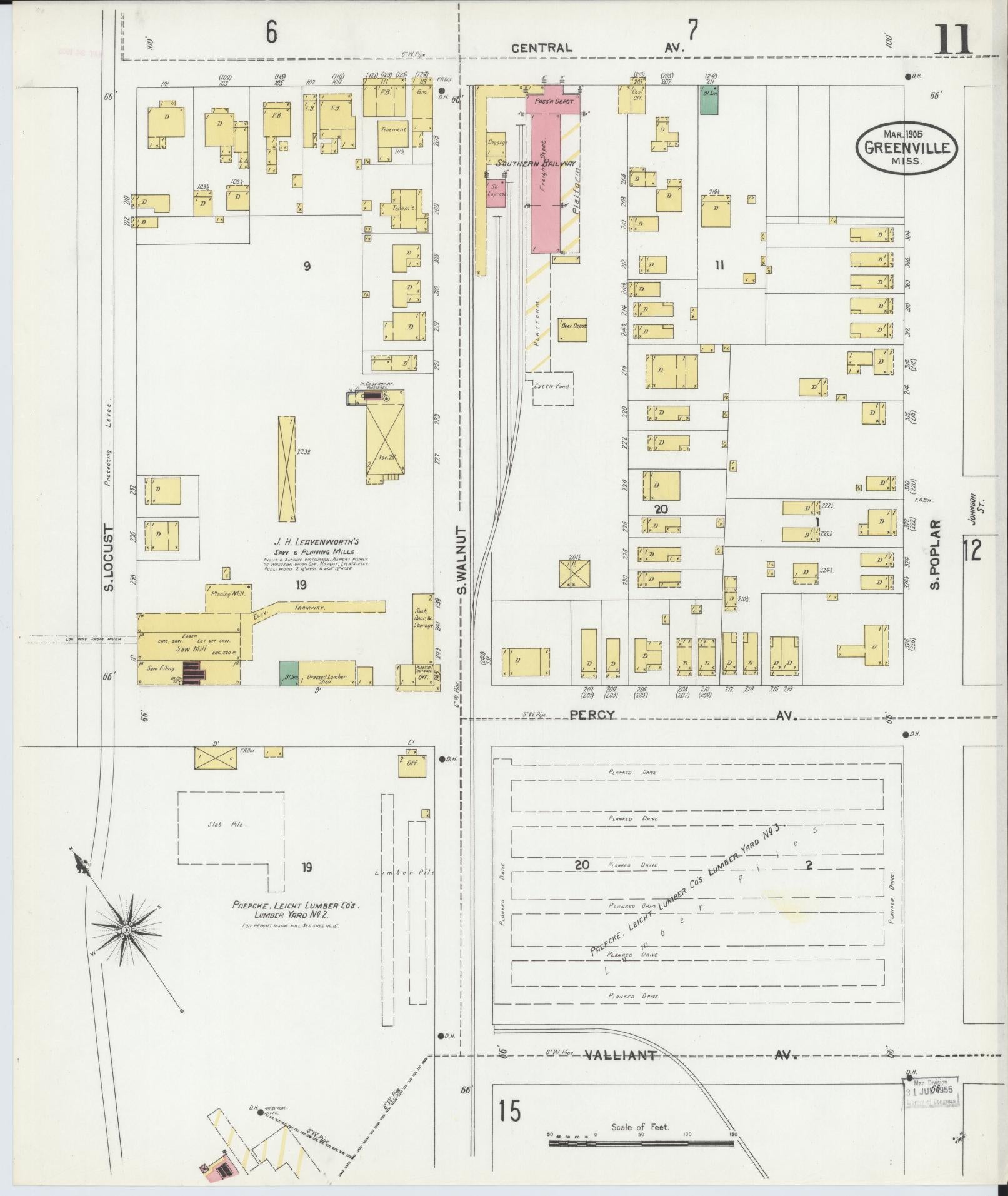 Sanborn Fire Insurance Map from Greenville, Washington County, Mississippi (1905), Sheet #0011 - Historic Sanborn Fire Insurance Map Print, vintage old map wall art, antique decor, genealogy gift, Mississippi Mississippi map