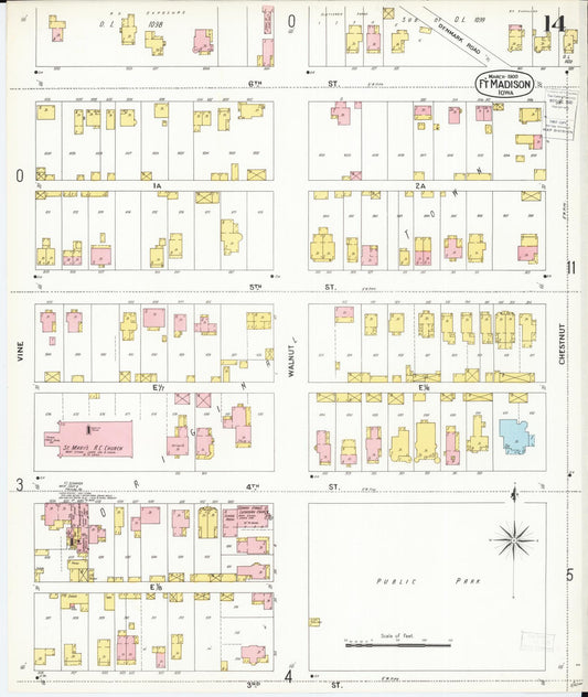 Sanborn Fire Insurance Map from Fort Madison, Lee County, Iowa (1900), Sheet #0014 - Historic Sanborn Fire Insurance Map Print, vintage old map wall art