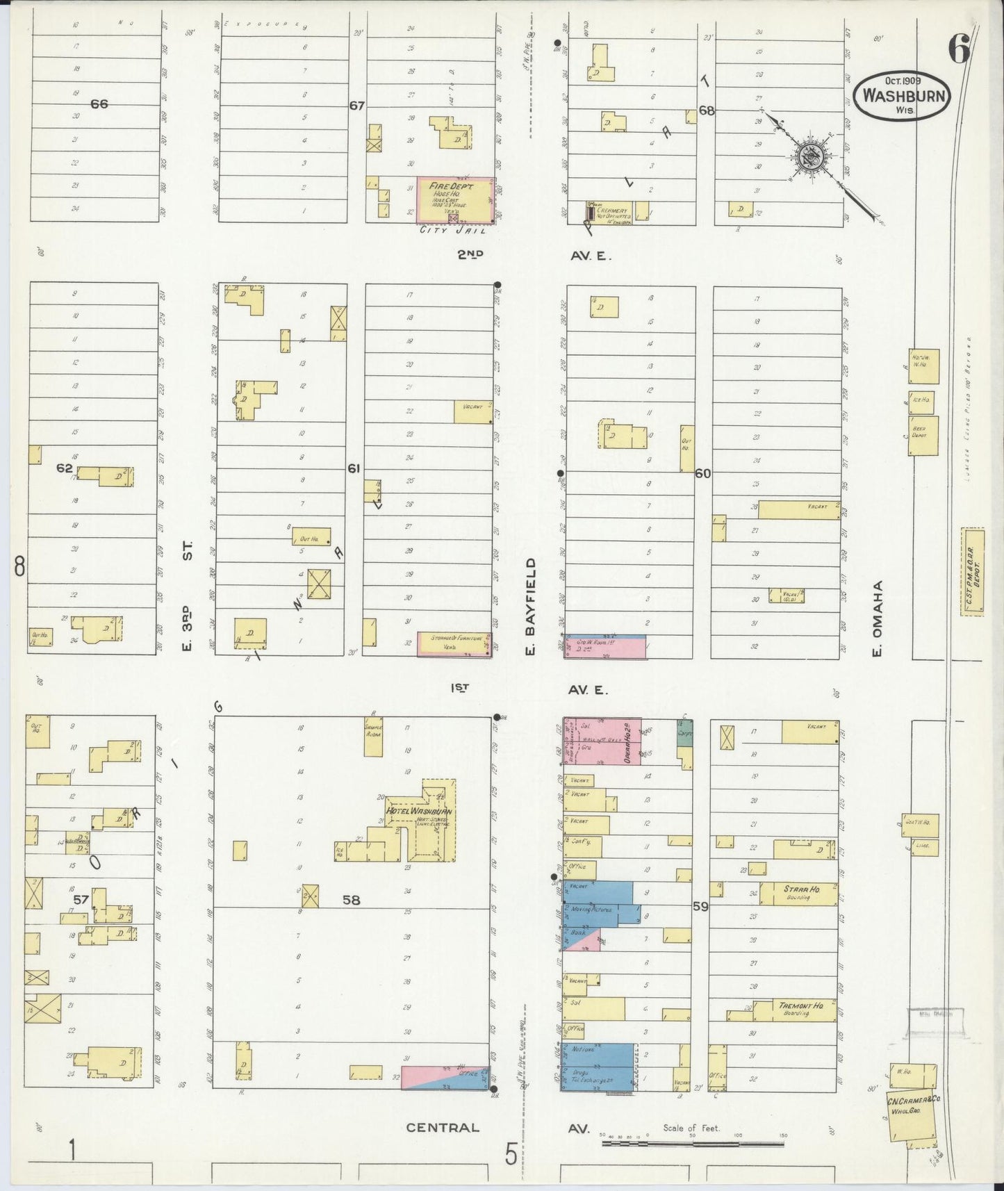Sanborn Fire Insurance Map from Washburn, Bayfield County, Wisconsin (1909), Sheet #0006 - Historic Sanborn Fire Insurance Map Print, vintage old map wall art, antique decor, genealogy gift, Wisconsin Wisconsin map