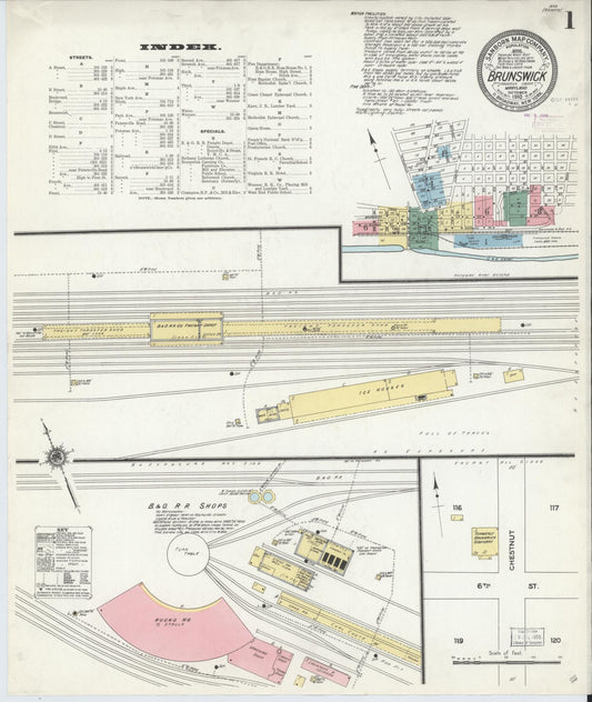 Sanborn Fire Insurance Map from Brunswick, Frederick County, Maryland (1910), Sheet #0001 - Historic Sanborn Fire Insurance Map Print, vintage old map wall art, antique decor, genealogy gift, Maryland Maryland map