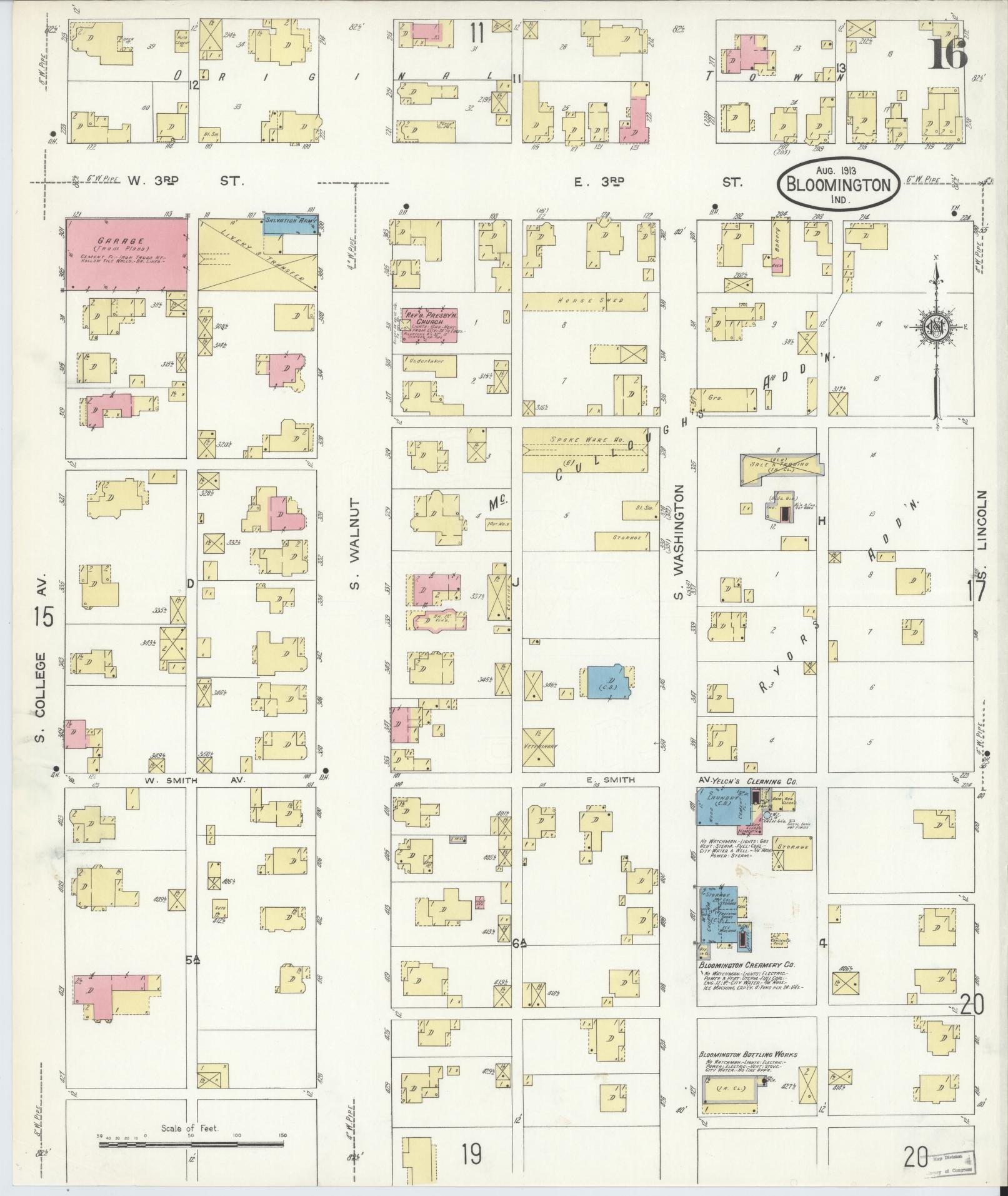 Sanborn Fire Insurance Map from Bloomington, Monroe County, Indiana (1913), Sheet #0016 - Historic Sanborn Fire Insurance Map Print, vintage old map wall art, antique decor, genealogy gift, Indiana Indiana map
