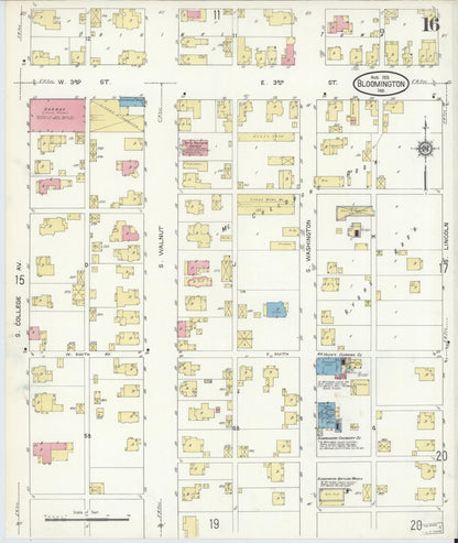 Sanborn Fire Insurance Map from Bloomington, Monroe County, Indiana (1913), Sheet #0016 - Historic Sanborn Fire Insurance Map Print, vintage old map wall art, antique decor, genealogy gift, Indiana Indiana map