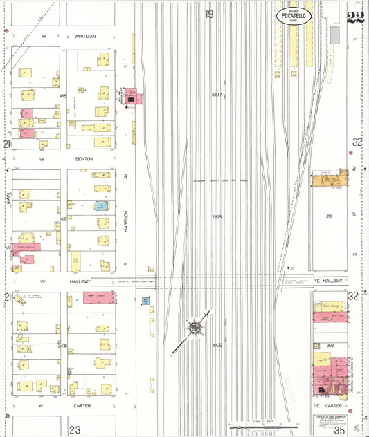 Sanborn Fire Insurance Map from Pocatello, Bannock County, Idaho (1921), Sheet #0022 - Historic Sanborn Fire Insurance Map Print, vintage old map wall art, antique decor, genealogy gift, Idaho Idaho map